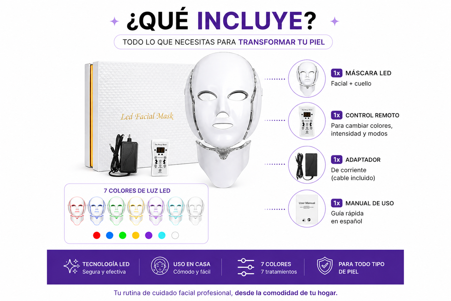 Máscara LED Facial + Cuello 7 Colores