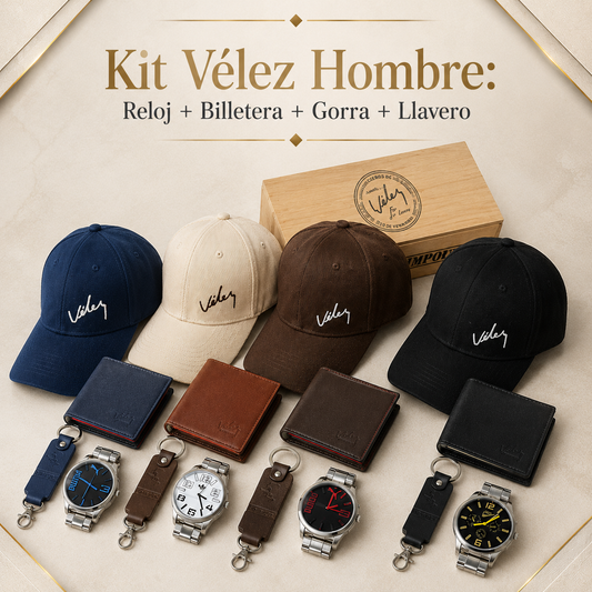Kit Vélez Hombre: Reloj + Billetera + Gorra + Llavero